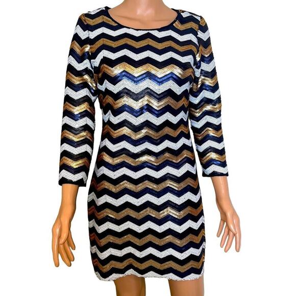 Sugar Lips brand Gold, black & white full sequined chevron print body con dress - Picture 2 of 10